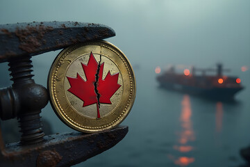 Coin with a red maple leaf is clamped in a metal vice. Symbol of the Canadian dollar. Foreign exchange market, investments, customs duties.