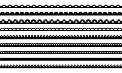 Lace scallop fabric edge. Frame border with pattern. Ribbon with ornament. Vector collection of stripes isolated on white background.
