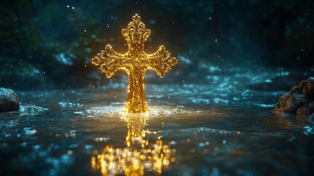 Glowing ornate gold cross in dark water