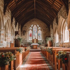 Church Interior with Sunlight Streaming Through Stained Glass Windows and Flower Arrangements