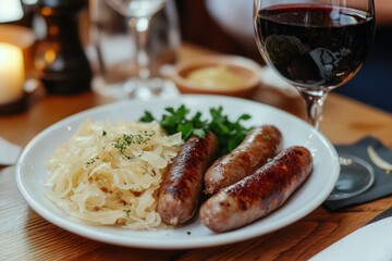 Savory Sausages with Sauerkraut and Fresh Parsley Served with Red Wine in Cozy Dining Setting