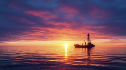 Majestic oil platform at sunset over calm ocean waters, creating serene atmosphere