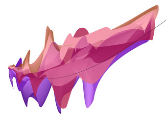 Sound wave in purple and orange-pink gradient. Equalizer. Wave processes. Isolated graphic image. Digital flat illustration. Abstract geometric pattern. Smooth silk flow. Nobody stylized landscape.