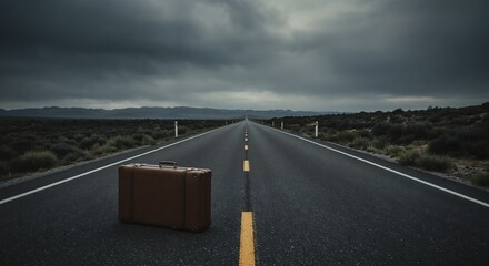 Lonely suitcase on an empty highway against a dramatic sky  