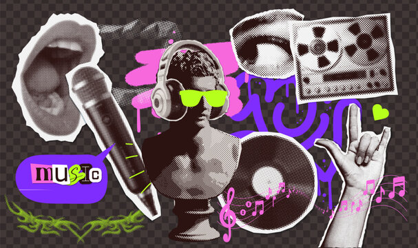 Collage set of trendy halftone elements with 90s rock music retro nostalgia vibe. Torn out trendy Y2K elements with antique statue in headphones. Paper stickers Vector illustration.