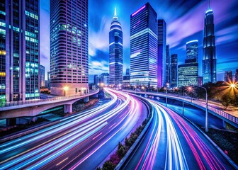 Fototapeta premium Long Exposure City Lights, Urban Night Scene, Blurred Motion, Abstract Cityscape, Night Photography