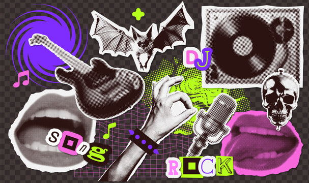 Collage stickers set with dotted halftone effect - hand with OK gesture, vinyl player, Rock guitar, bat, mike. Textured Psychedelic elements for y2k grunge design. New Wave. Punk. Vector