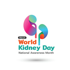 World Kidney Day concept illustrate with colors kidney graphic and text to become awareness. Important day on March.