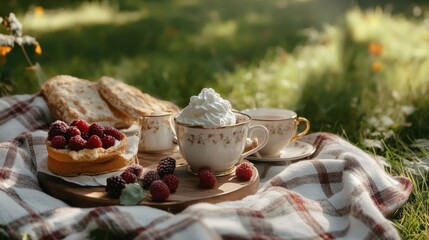 Quiet picnic moment in an English meadow with berries and whipped cream