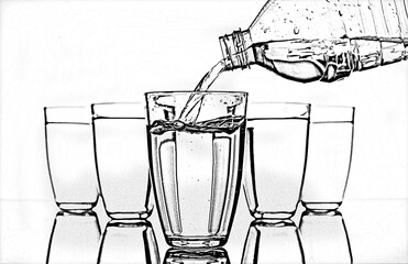 pouring some water in the glass in pencil sketch. it shows how important to drink water in our life