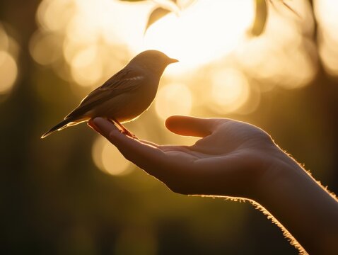 Bird in hand during golden hour with soft natural lighting and negative space on left