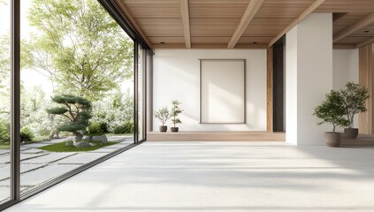 Interior of a modern home overlooking a tranquil garden outside