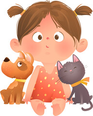 Little Girl and her Friends Cat and Dog Sitting Together. Girl with cat and dog pets friendship, animals and baby character cartoon. Cute vector cartoon clip art illustration for children and kids.