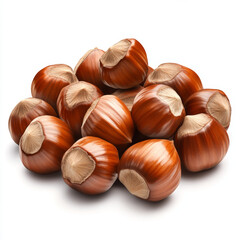 a scattering of shiny brown hazelnuts with textured shells isolated on white background, full depth of field