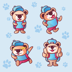 cute cartoon bear character in different poses with a backpack, wearing a cap. playful and fun mascot design with paw print background. perfect for kids, stickers, branding, and merchandise.