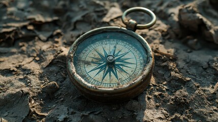 A cracked and weathered old compass lying in the dirt, evoking a sense of history. 