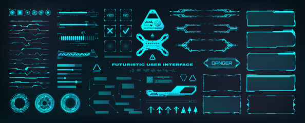 Heads-Up Display, futuristic user interface for Games, UI, UX, KIT. Futuristic HUD panels notifications, loading bars, buttons, arrows, callouts, frames. UI, HUD interface for dashboard. Vector set
