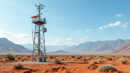 A watch tower stands sentinel against a backdrop of a desert wildfire.