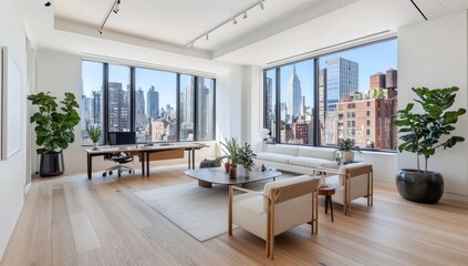 Fototapeta premium Modern living space showcasing a bright interior with a city view