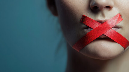 Bouche scellée par un ruban rouge en croix, concept de censure et silence