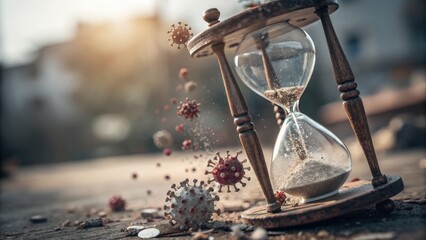 Pandemic Anxiety concept. An hourglass with particles resembling viruses dispersing, symbolizing the passage of time in the context of health and urgency.