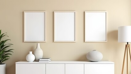 Three Frames Above Cabinet In Interior