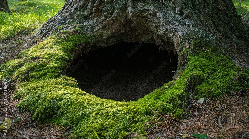 Poster A deep rabbit hole surrounded by moss, nestled at the base of a large tree in a forest. 