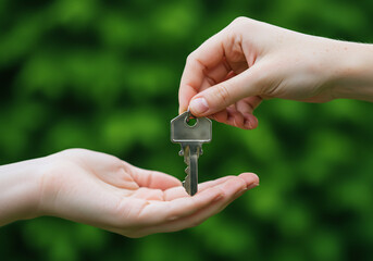 Handing Over House Keys Against a Green Background