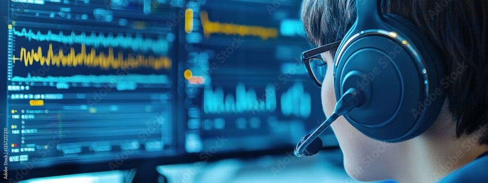 Poster young individual using headset while analyzing data on multiple screens