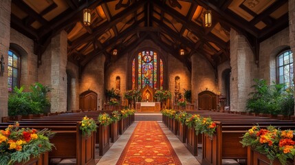 Church Interior with Sunlight Streaming Through Stained Glass Windows and Flower Arrangements