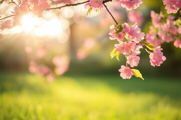 Obraz premium Cherry Blossoms in Sunlight. Banner For Spring Begind Day.