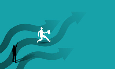 The concept of economic growth with a businessman on the arrow, increased profits, investments. Vector image