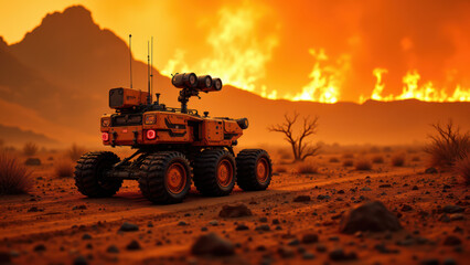 A rugged robot patrolling a desert landscape during a wildfire, with a mountainous backdrop.