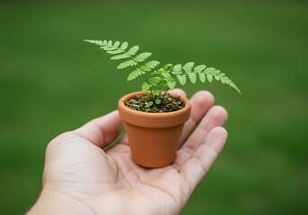 Person Gently Holding Small Potted Fern Against Green Background