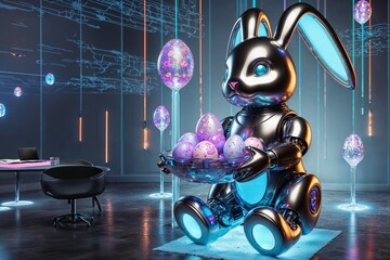 Futuristic robotic Easter bunny holding a basket of glowing cyber eggs in a digital environment 3x2