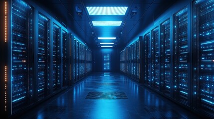 Futuristic server room illuminated with intense blue lighting and glowing data racks, perfect for tech ads, cybersecurity presentations, and cloud service promotions