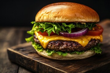 A delicious looking hamburger with toppings on a wooden board