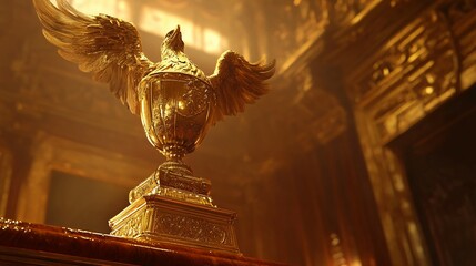 A golden eagle shaped urn sits on a table in a room
