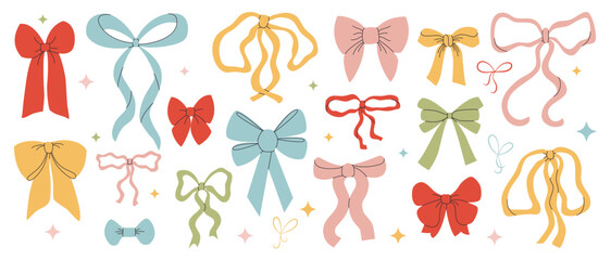 Hand drawn various colorful bow knots, ribbons and bows. Collection of elegant bows, hair accessories, gift boxes. Perfect for wedding invitations, holiday poster, greeting cards. Vector