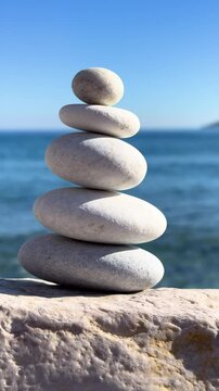 CLOSE UP, VERTICAL: Stack of five smooth white pebbles is balanced on a stone surface by the sea. Calm blue ocean wavy and clear sky create a tranquil summer backdrop, evoking peace and mindfulness.