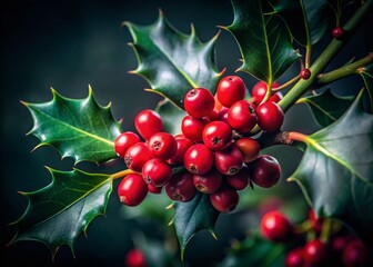 Obraz premium Low Light Holly Berries Close-Up: Festive Winter Nature Stock Photo
