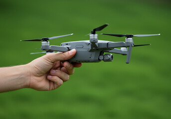 Person Holding a Grey Drone Against a Green Background