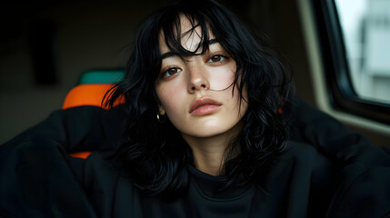 Fototapeta premium Portrait of a Young Woman with Dark Curly Hair and Freckles