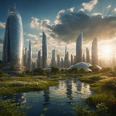 Obraz premium A utopian city powered by renewable energy with a digital sun.