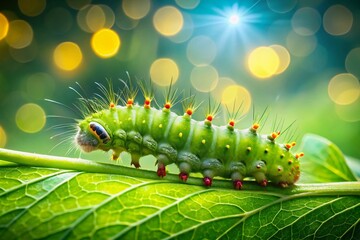 Naklejka premium Luna Moth Caterpillar Identification: Close-up Macro Shot with Bokeh Background