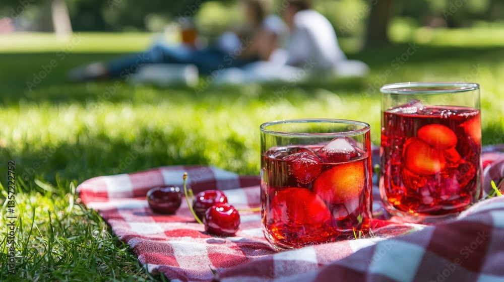 Poster a family picnic setting with cherry juice served in glasses on a blanket in a grassy park.