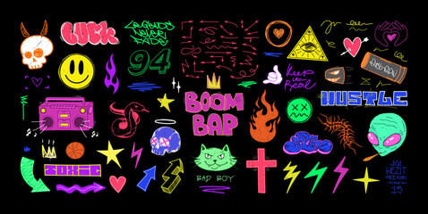 Children's retro sketches, 90s and Y2K in a collage of sketches and scribbles. Y2K aesthetics, Hip-Hop trends of the 00s and 90s. Hand drawn doodles collage. Retro colorful scribble. Vector graphic