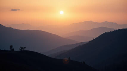 Obraz premium Watch duty at a remote mountain lookout, with a sunset over a vast landscape.