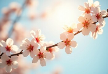 Delicate blossoms on a branch reach towards the sky bathed in warm sunlight
