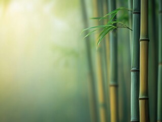 Bamboo forest in morning mist with minimalist composition and negative space on left